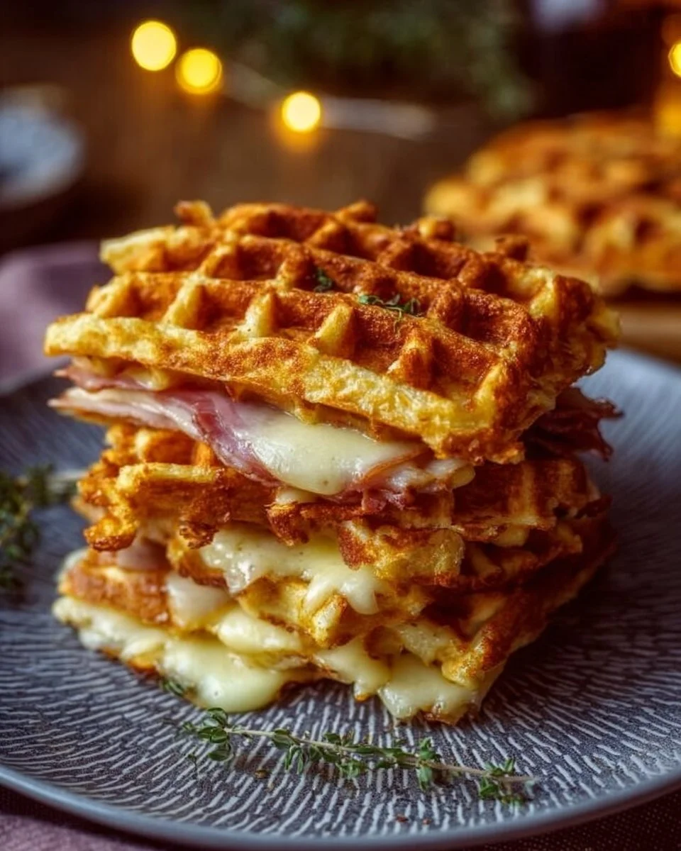 Herzhafte Waffeln mit Schinken und Käse auf einem Teller serviert