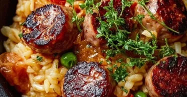 Eine köstliche Wurst-Reis-Pfanne mit buntem Gemüse und Gewürzen.