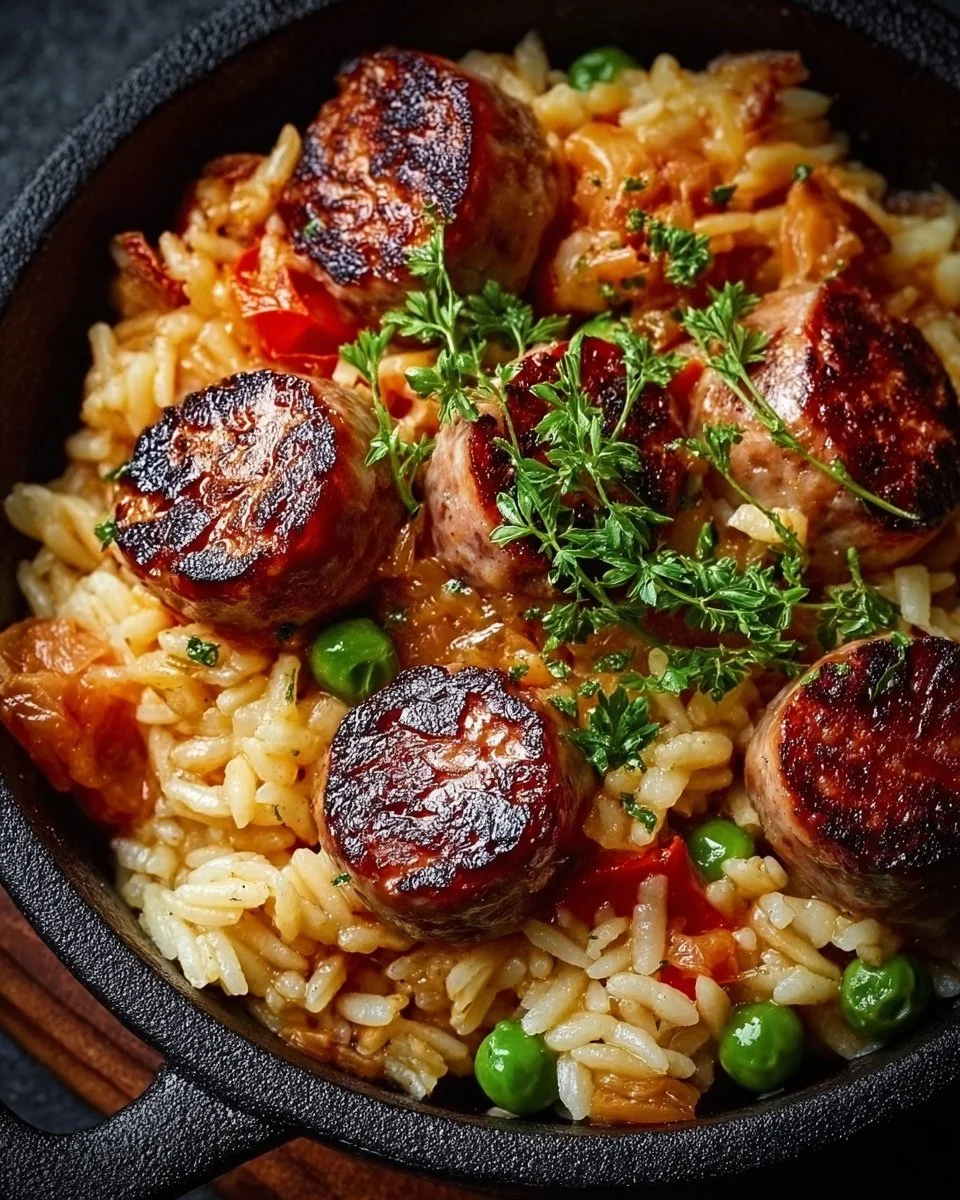 Eine köstliche Wurst-Reis-Pfanne mit buntem Gemüse und Gewürzen.