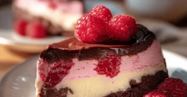 Himbeer-Brownie-Cheesecake mit frischen Himbeeren und cremigem Belag