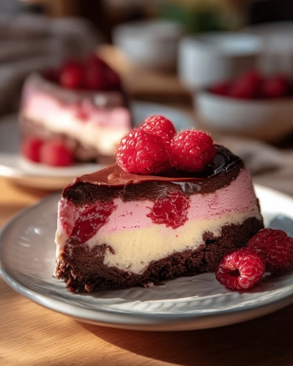 Himbeer-Brownie-Cheesecake mit frischen Himbeeren und cremigem Belag