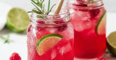 Erfrischende Himbeer-Limonade mit Rosmarin und Limette serviert in einem Glas.