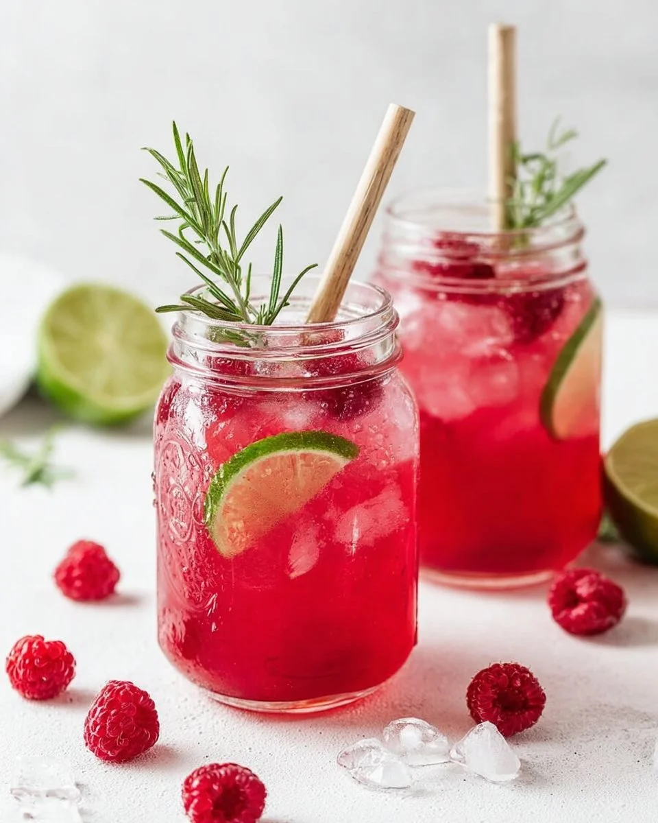 Erfrischende Himbeer-Limonade mit Rosmarin und Limette serviert in einem Glas.
