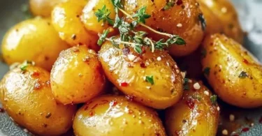 Honig-Senf-Kartoffeln serviert auf einem Teller mit frischen Kräutern