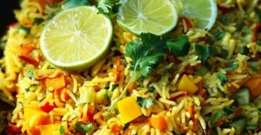 Indisch gewürzter Reissalat mit frischem Mango und Gewürzen