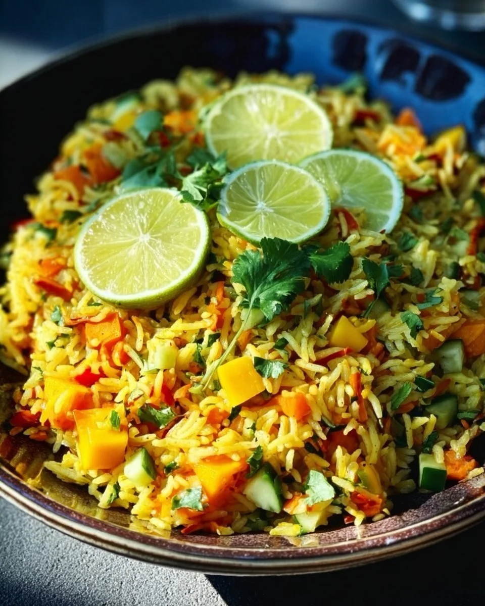 Indisch gewürzter Reissalat mit frischem Mango und Gewürzen
