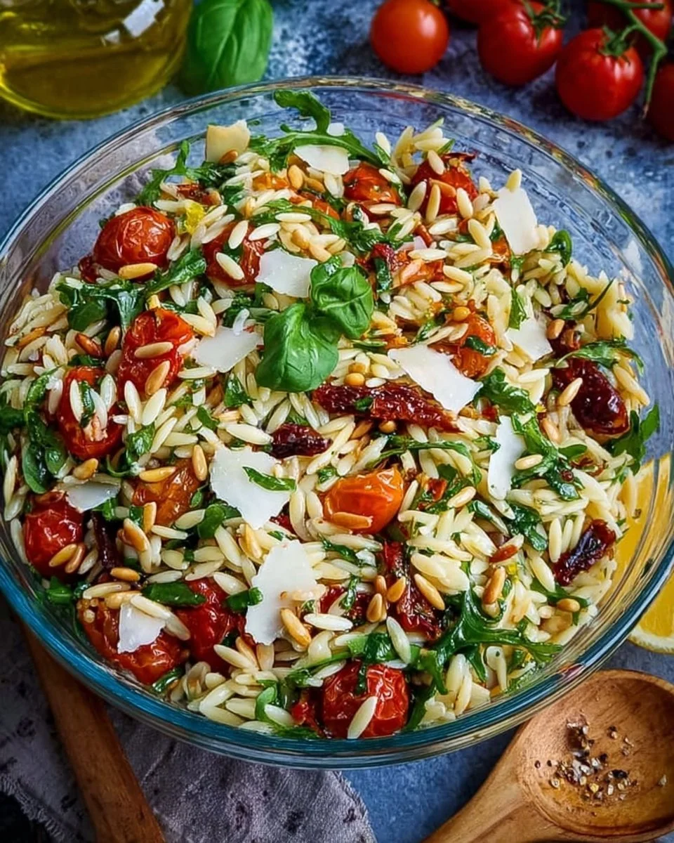 Italienischer Orzo-Salat mit frischen Zutaten und Aromas.