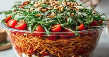 Italienischer Spaghetti-Schichtsalat mit frischem Gemüse und leckeren Zutaten