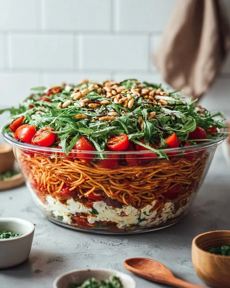 Italienischer Spaghetti-Schichtsalat mit frischem Gemüse und leckeren Zutaten