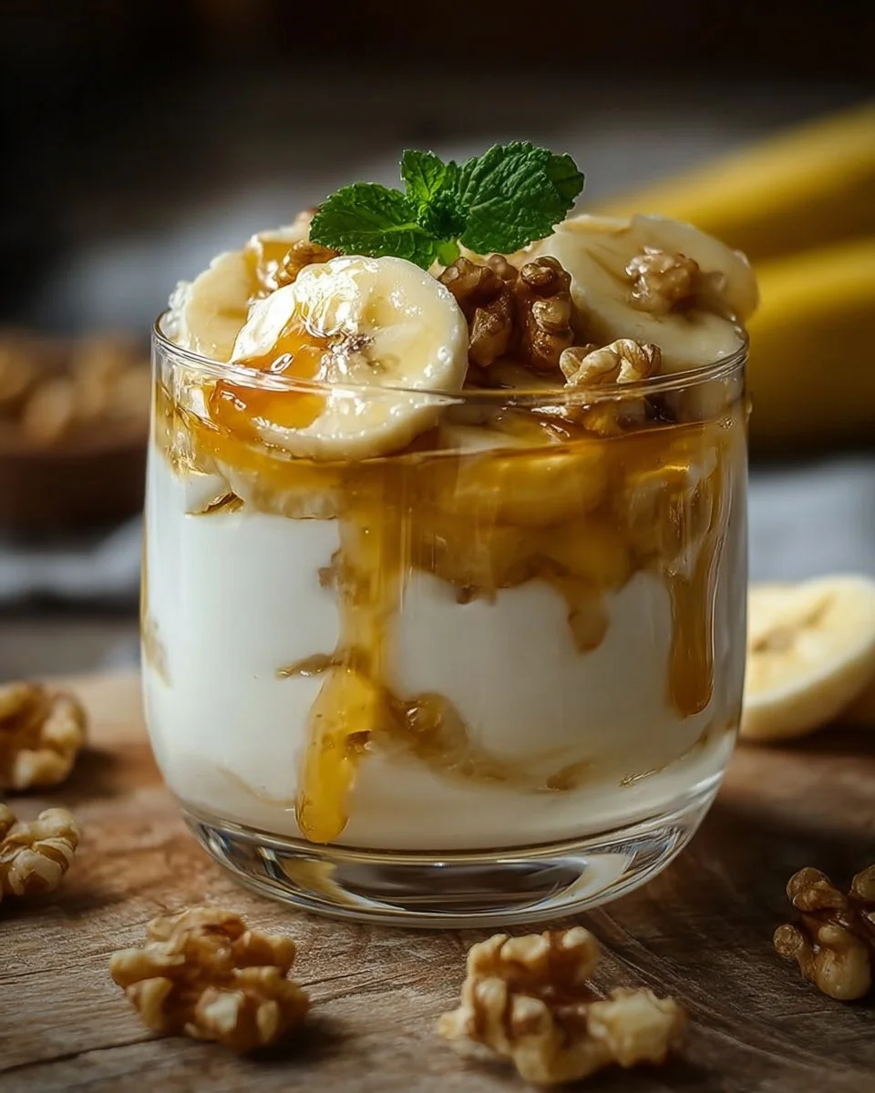 Joghurt mit Honig, Banane und Walnüssen in einer Schale serviert.