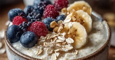 Bunte Joghurt-Porridge-Schüssel mit frischen Früchten und Nüssen