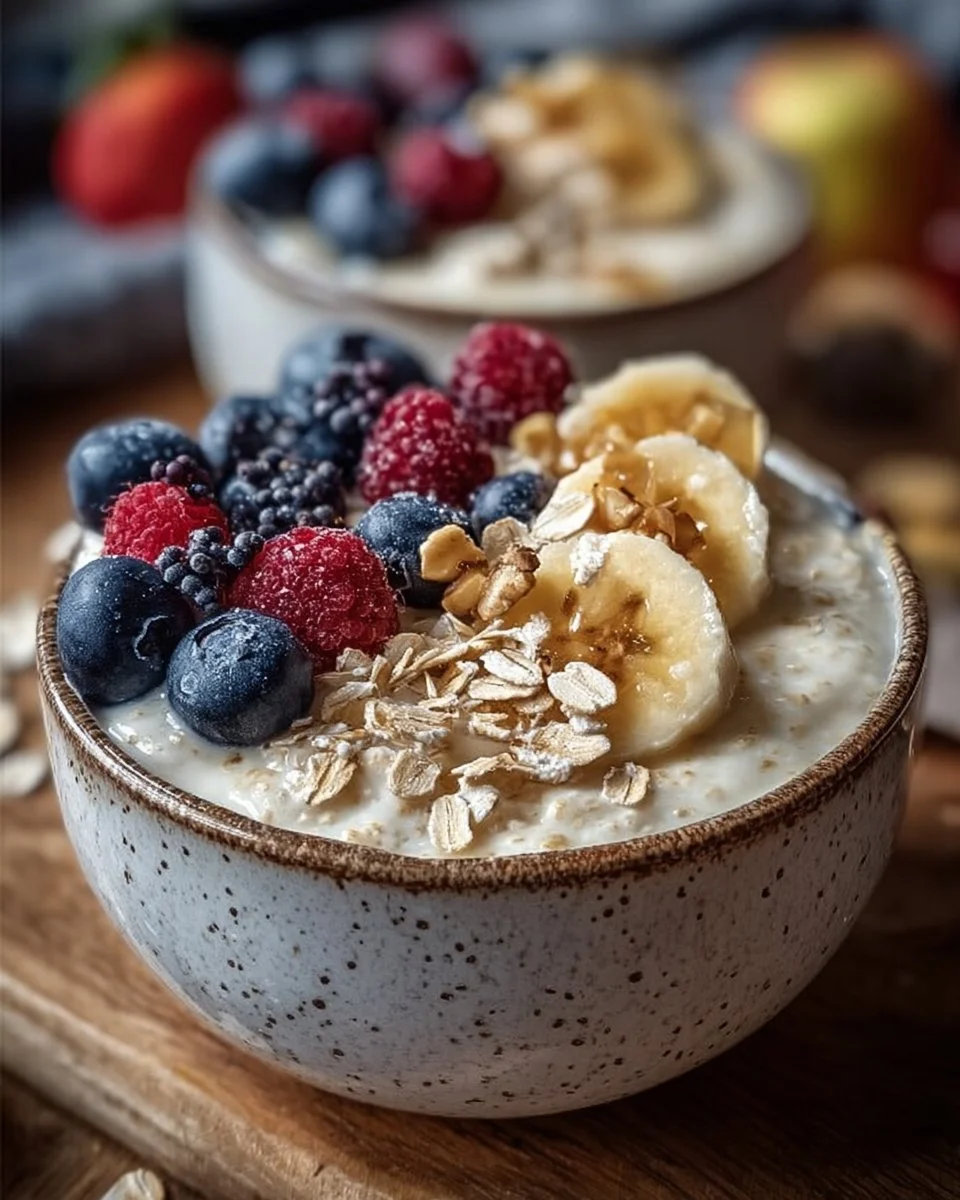 Bunte Joghurt-Porridge-Schüssel mit frischen Früchten und Nüssen