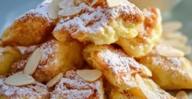 Leckeres Stück Kaiserschmarrn auf einem Teller, serviert mit powdered sugar.