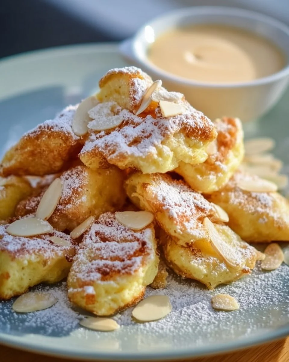 Leckeres Stück Kaiserschmarrn auf einem Teller, serviert mit powdered sugar.