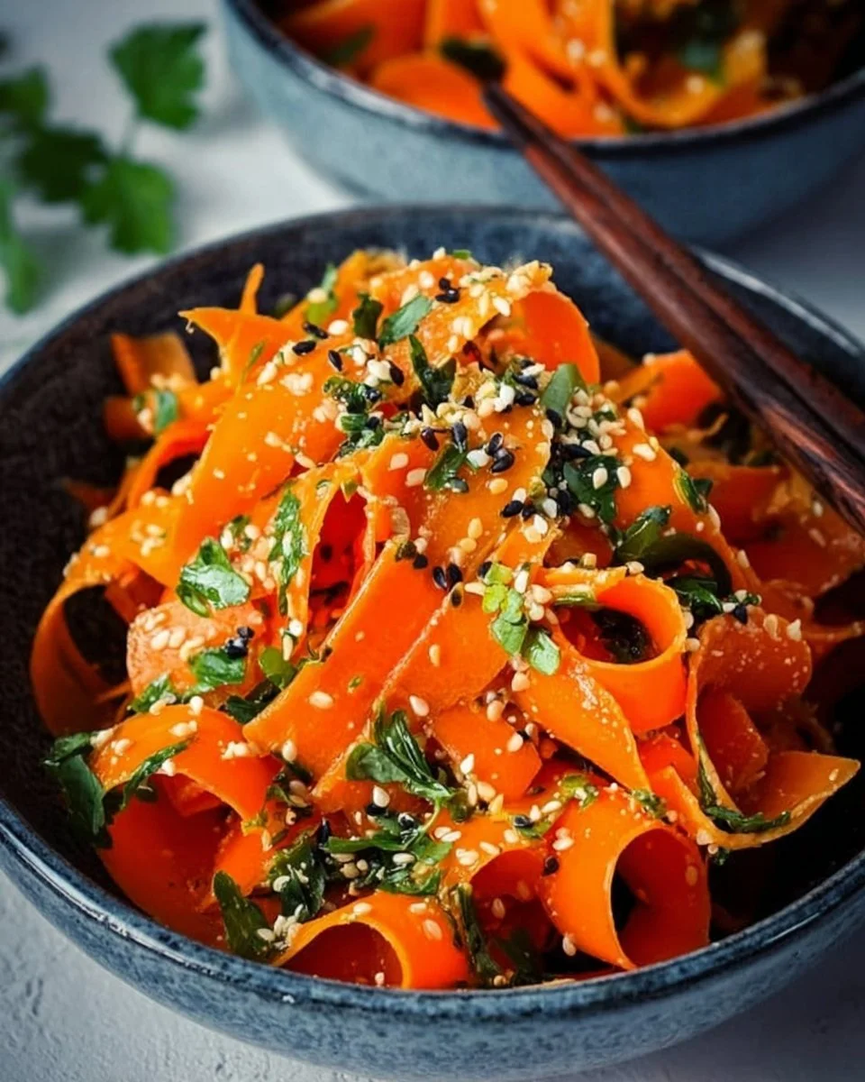 Karottensalat mit Ingwer und Sesam-Dressing auf einem Teller