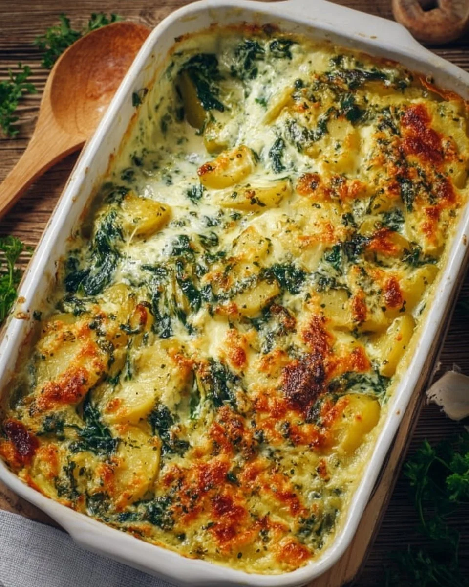 Leckerer Kartoffel-Spinat-Auflauf mit frischem Spinat und Kartoffeln