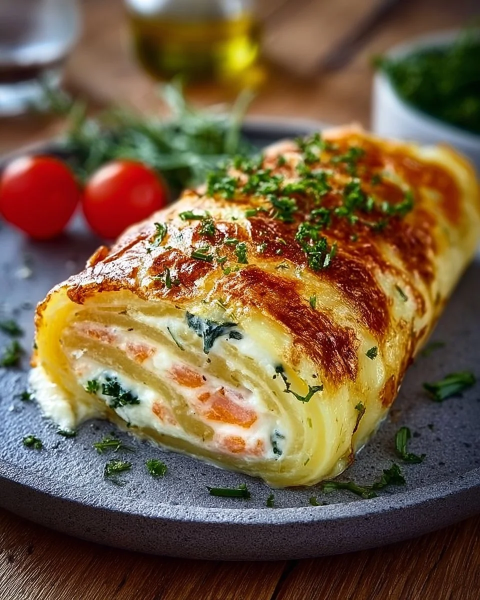 Kartoffelrolle mit Frischkäsefüllung, ideal für festliche Anlässe und Partys.