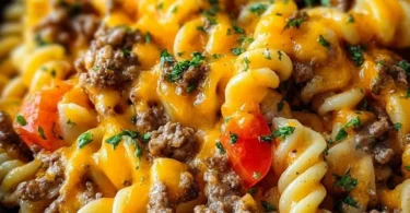 Käseburger-Auflauf frisch aus dem Ofen, lecker und simpel zubereitet.