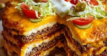 Käseburger-Torte mit saftigem Käse und bunten Toppings