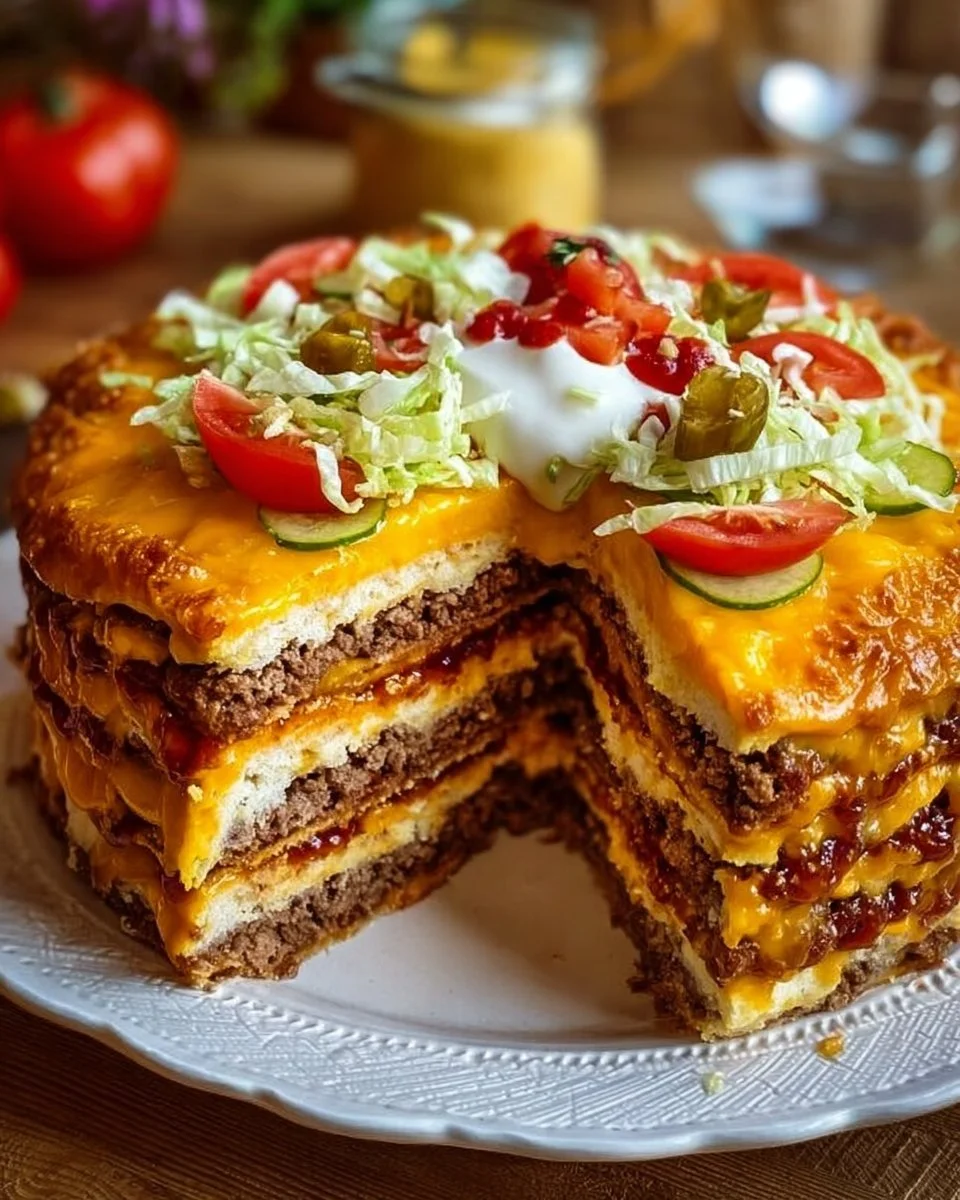 Käseburger-Torte mit saftigem Käse und bunten Toppings