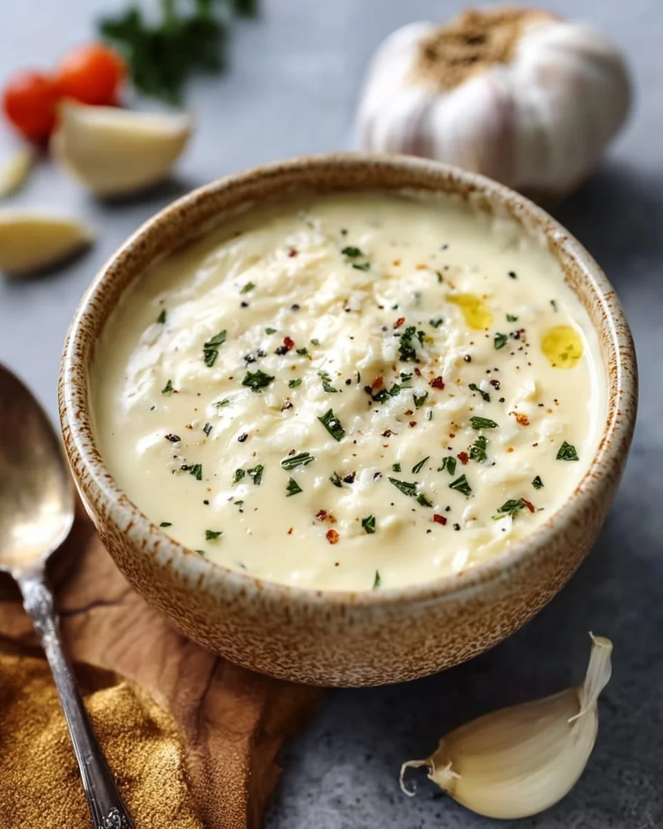 Schüssel mit Knoblauch Parmesan Sauce, ideal für Pasta und Gerichte.