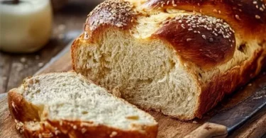 Scheibe kohlenhydratfreies Joghurtbrot auf einem Holzbrett