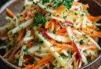 Kohlrabi Karotten Apfel Salat in einer Schüssel angerichtet.