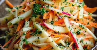 Kohlrabi Karotten Apfel Salat in einer Schüssel angerichtet.