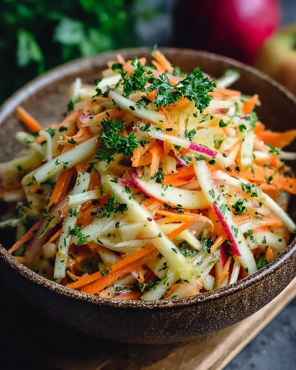 Kohlrabi Karotten Apfel Salat in einer Schüssel angerichtet.