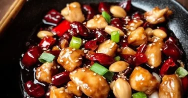 Platte mit köstlichem Kung-Pao-Hähnchen serviert mit Gemüse und Erdnüssen