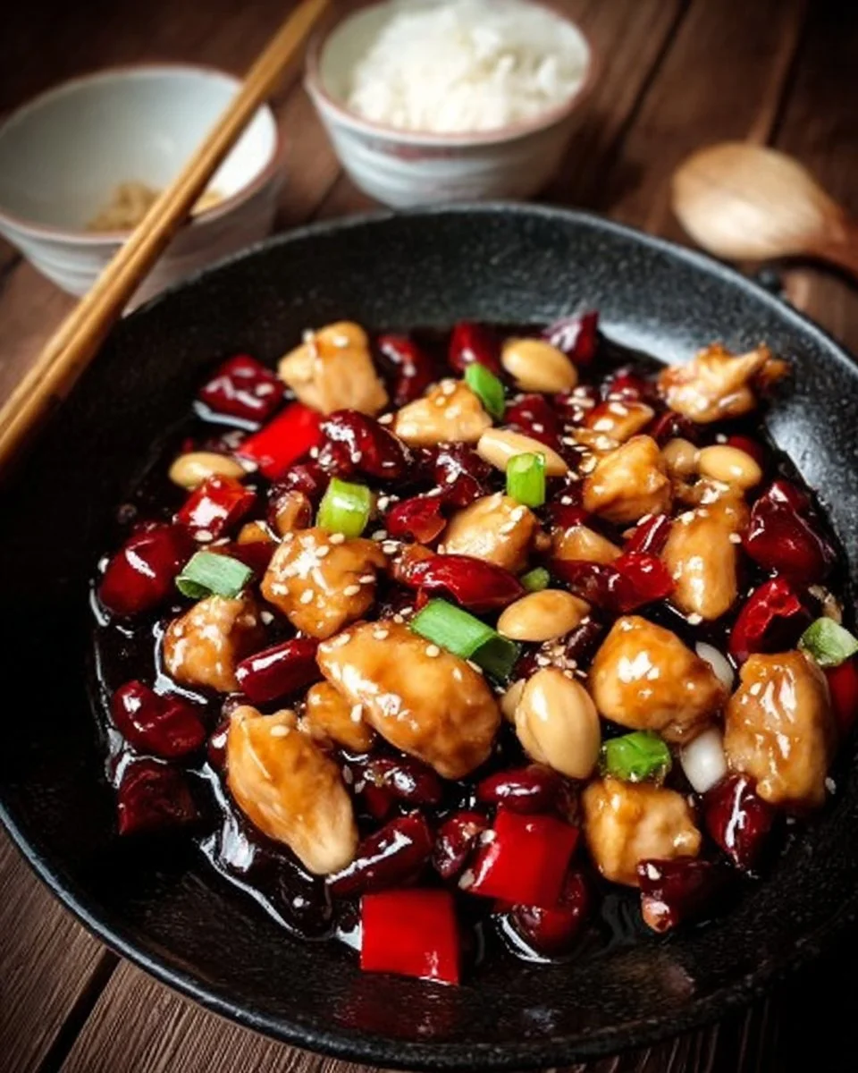 Platte mit köstlichem Kung-Pao-Hähnchen serviert mit Gemüse und Erdnüssen