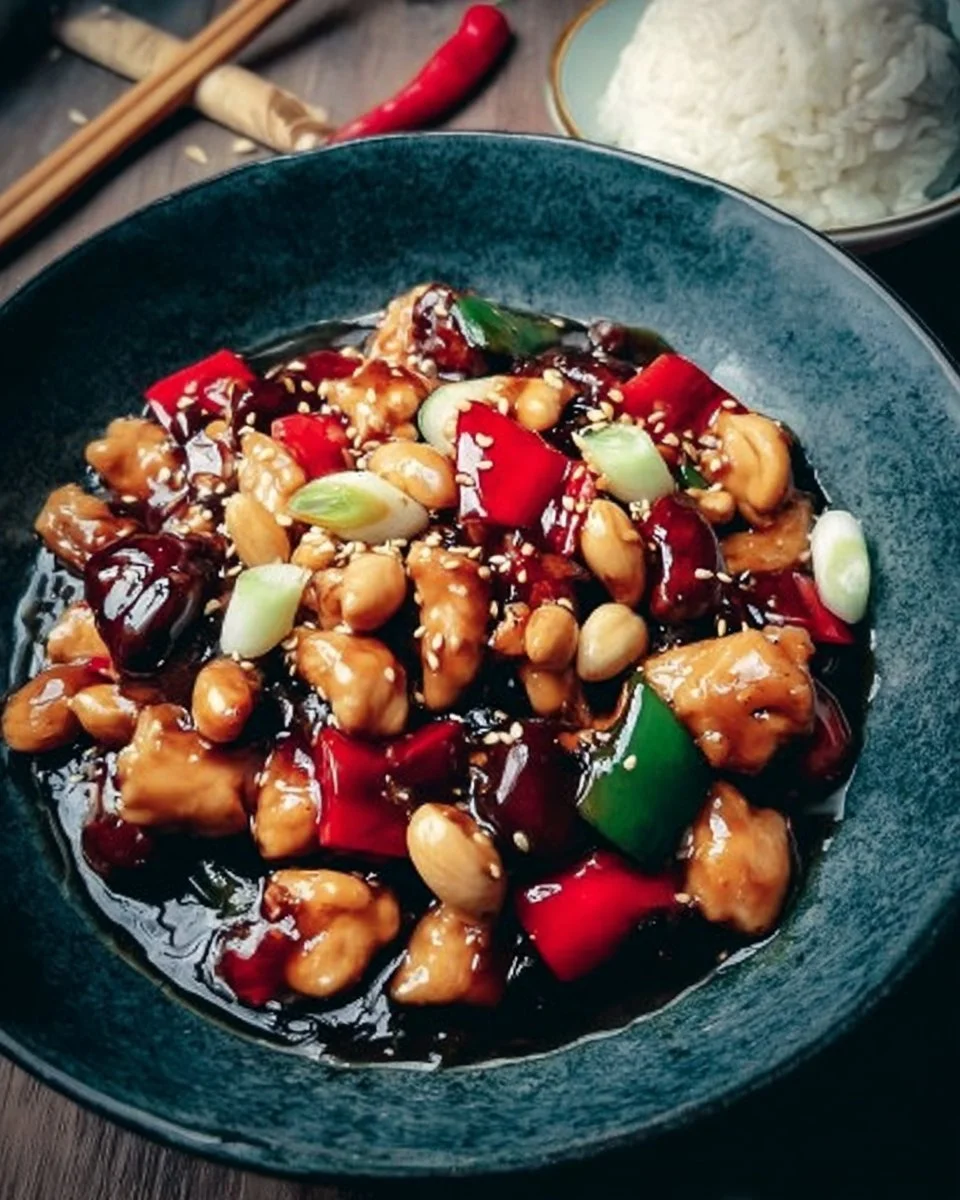 Schmackhaftes Kung-Pao-Hühnchen mit Gemüse und Erdnüssen auf einem Teller.