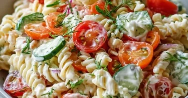 Leichter Nudelsalat mit frischem Joghurt-Dressing auf einem Teller angerichtet.