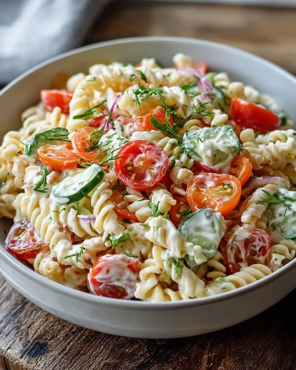 Leichter Nudelsalat mit frischem Joghurt-Dressing auf einem Teller angerichtet.