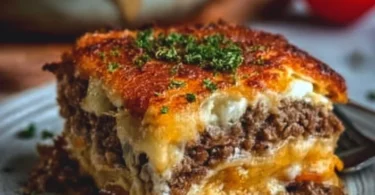Low Carb Cheeseburger Auflauf in einer Backform, frisch zubereitet.