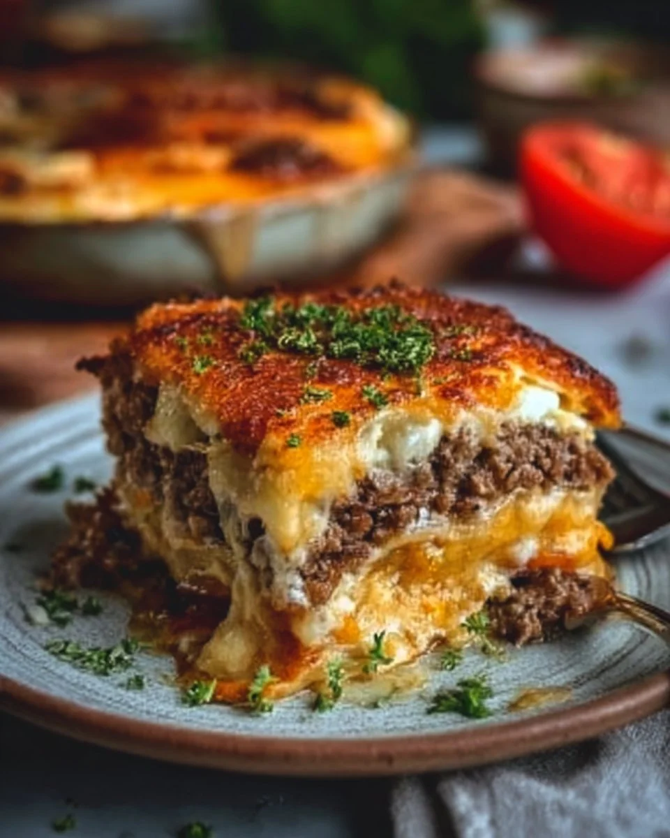 Low Carb Cheeseburger Auflauf in einer Backform, frisch zubereitet.
