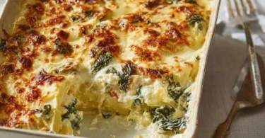 Mangold-Kartoffel-Auflauf gebacken in einer Auflaufform, serviert mit frischen Kräutern.