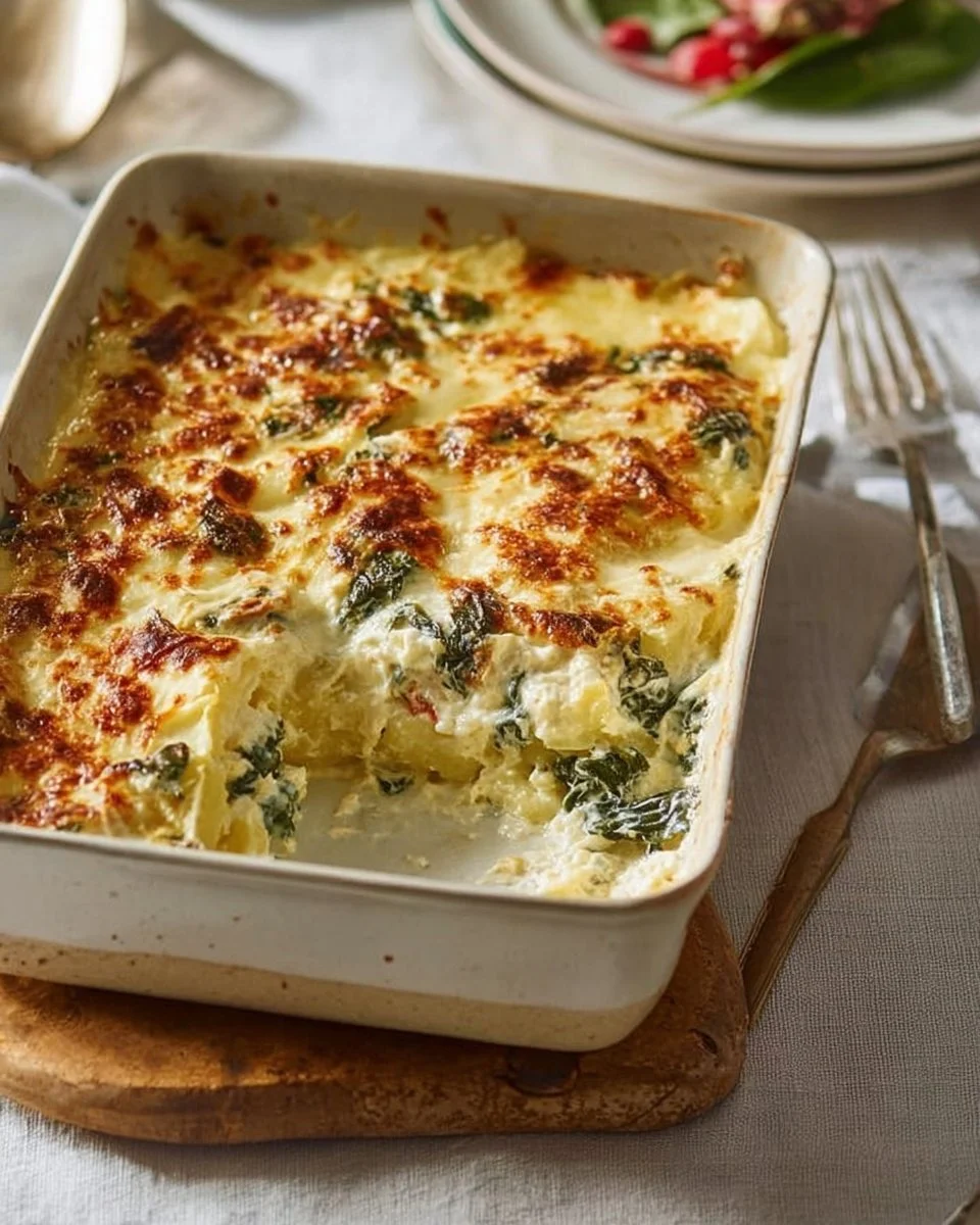 Mangold-Kartoffel-Auflauf gebacken in einer Auflaufform, serviert mit frischen Kräutern.