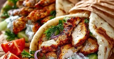Mediterranean Chicken Gyros mit Feta Tzatziki auf einem Teller serviert