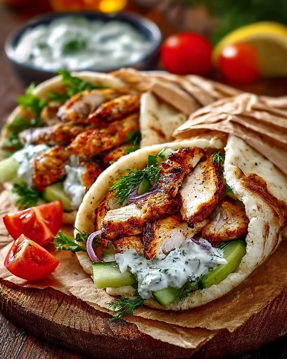 Mediterranean Chicken Gyros mit Feta Tzatziki auf einem Teller serviert