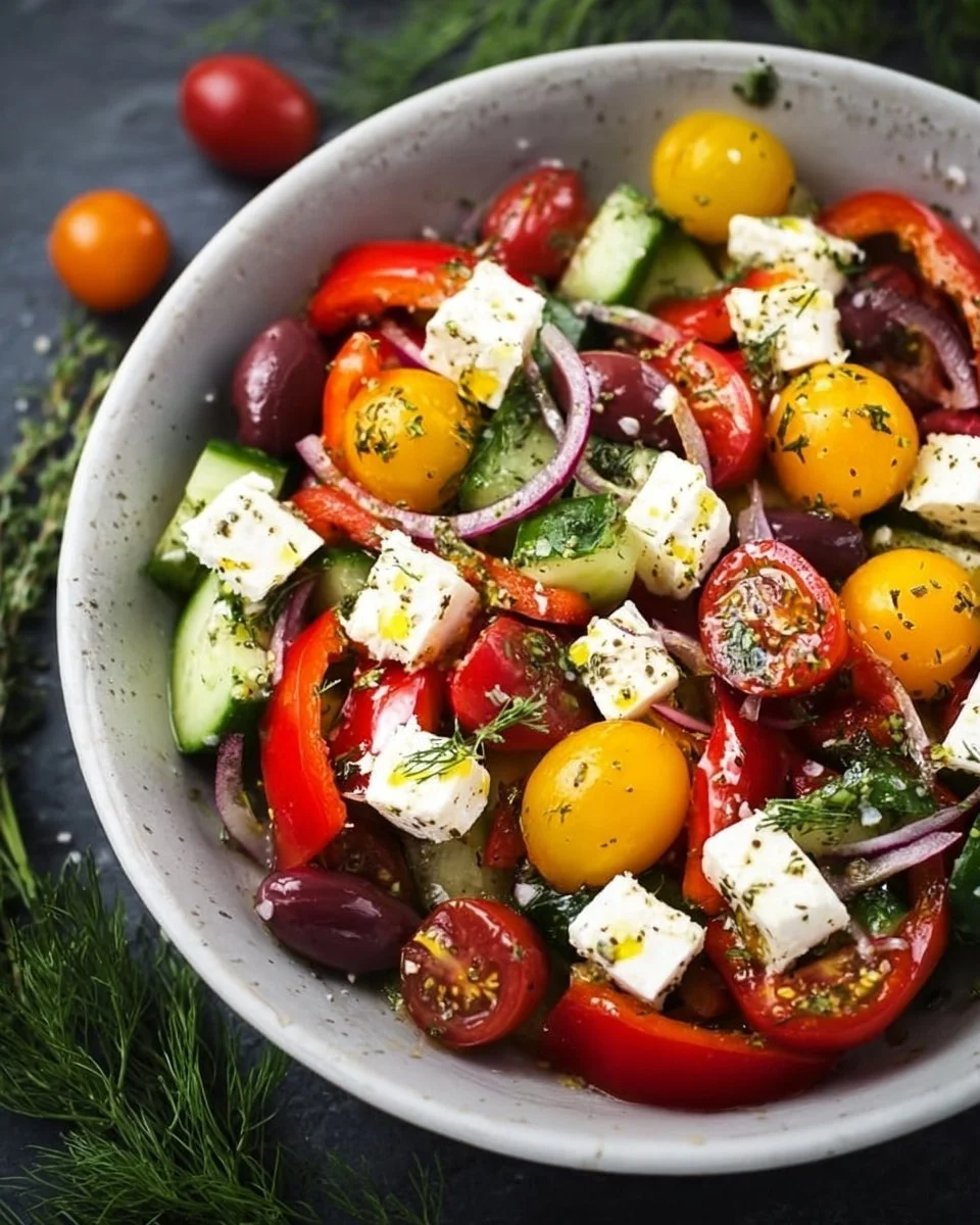 Erfrischender mediterraner Salat ideal für Grillabende mit Gemüse und Feta