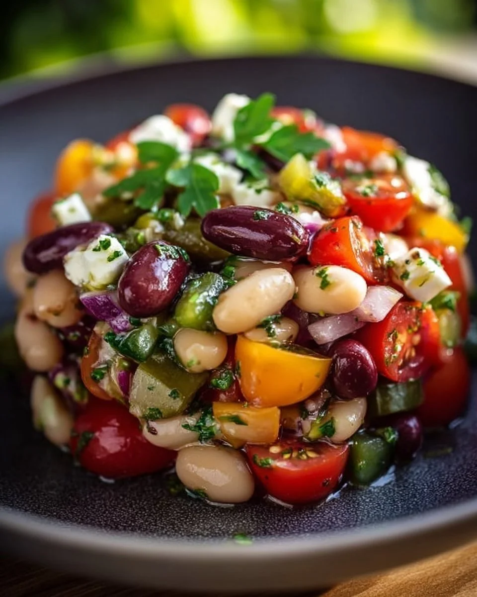 Mediterraner Bohnensalat mit frischen Zutaten und Gewürzen