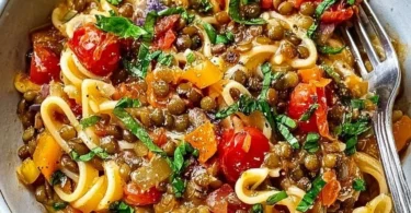 Einfache One-Pot-Pasta mit Linsen in einem Topf zubereitet