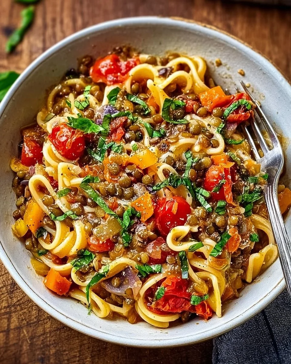 Einfache One-Pot-Pasta mit Linsen in einem Topf zubereitet