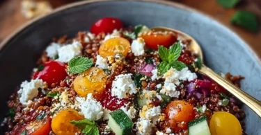 Orientalischer Rote Linsensalat mit Feta in einer Schüssel serviert