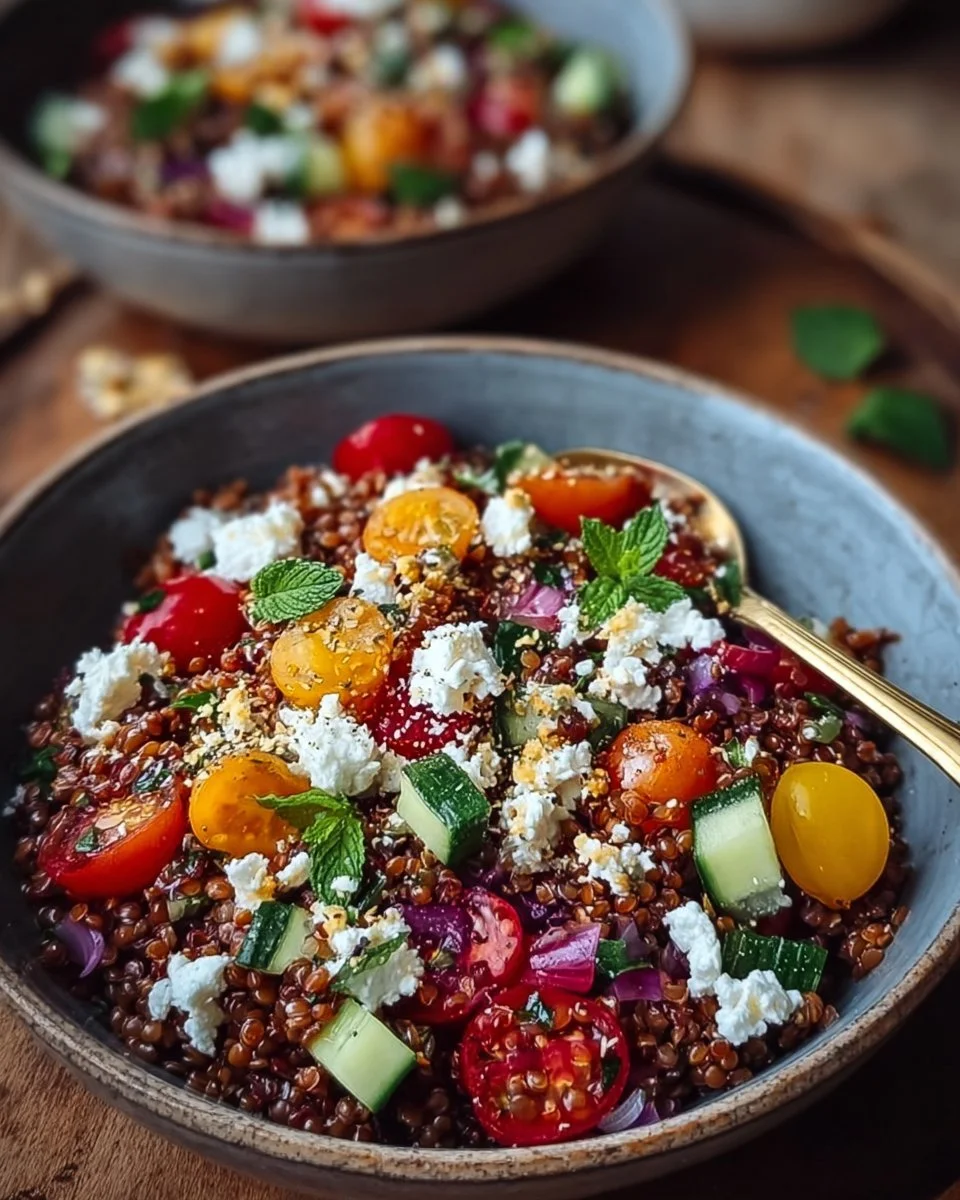 Orientalischer Rote Linsensalat mit Feta in einer Schüssel serviert