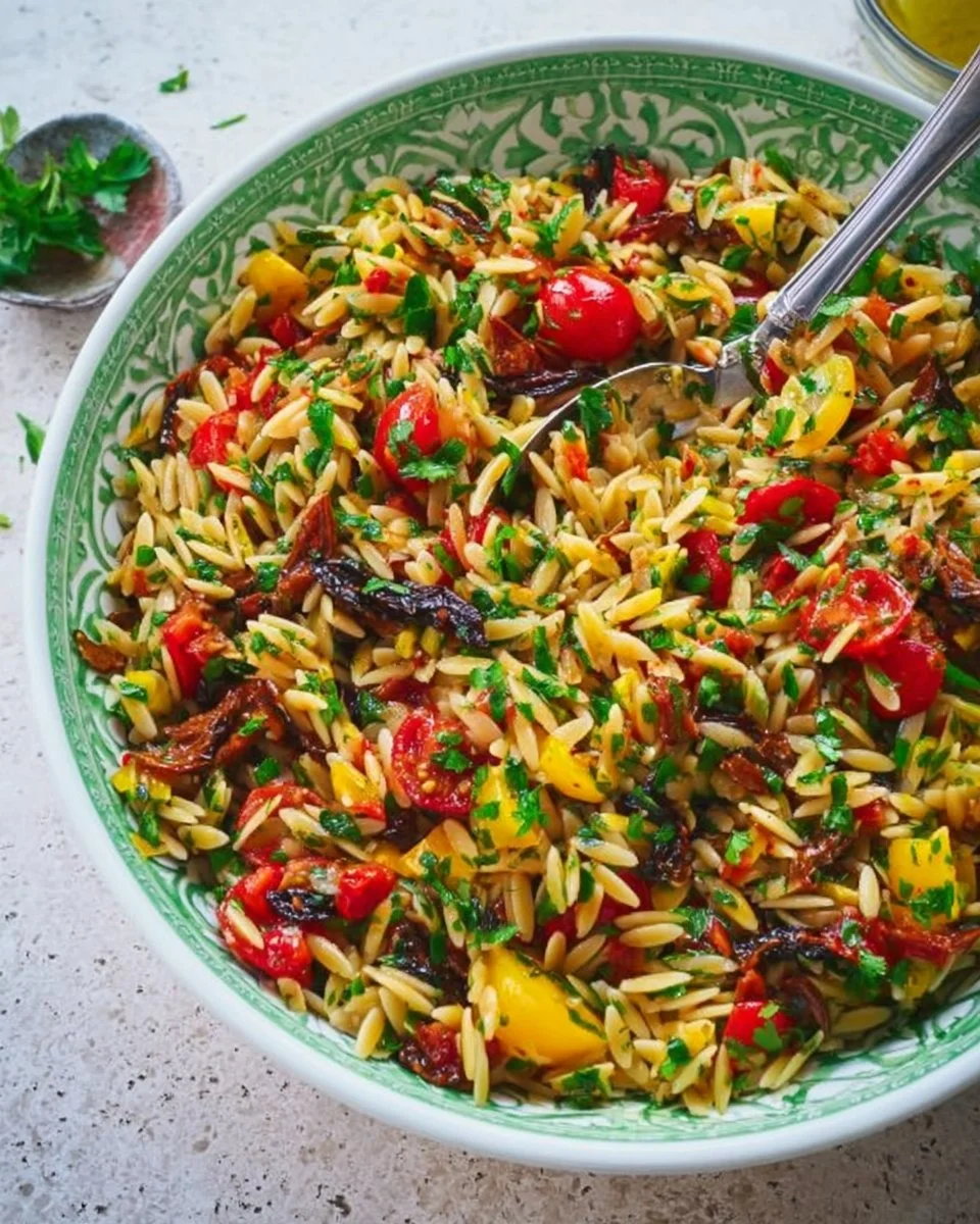 Veganer Sommersalat mit Orzo Pasta, frischen Zutaten und bunten Gemüse