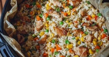 Luftfrittierter Reis im Airfryer zubereitet, lecker und einfach