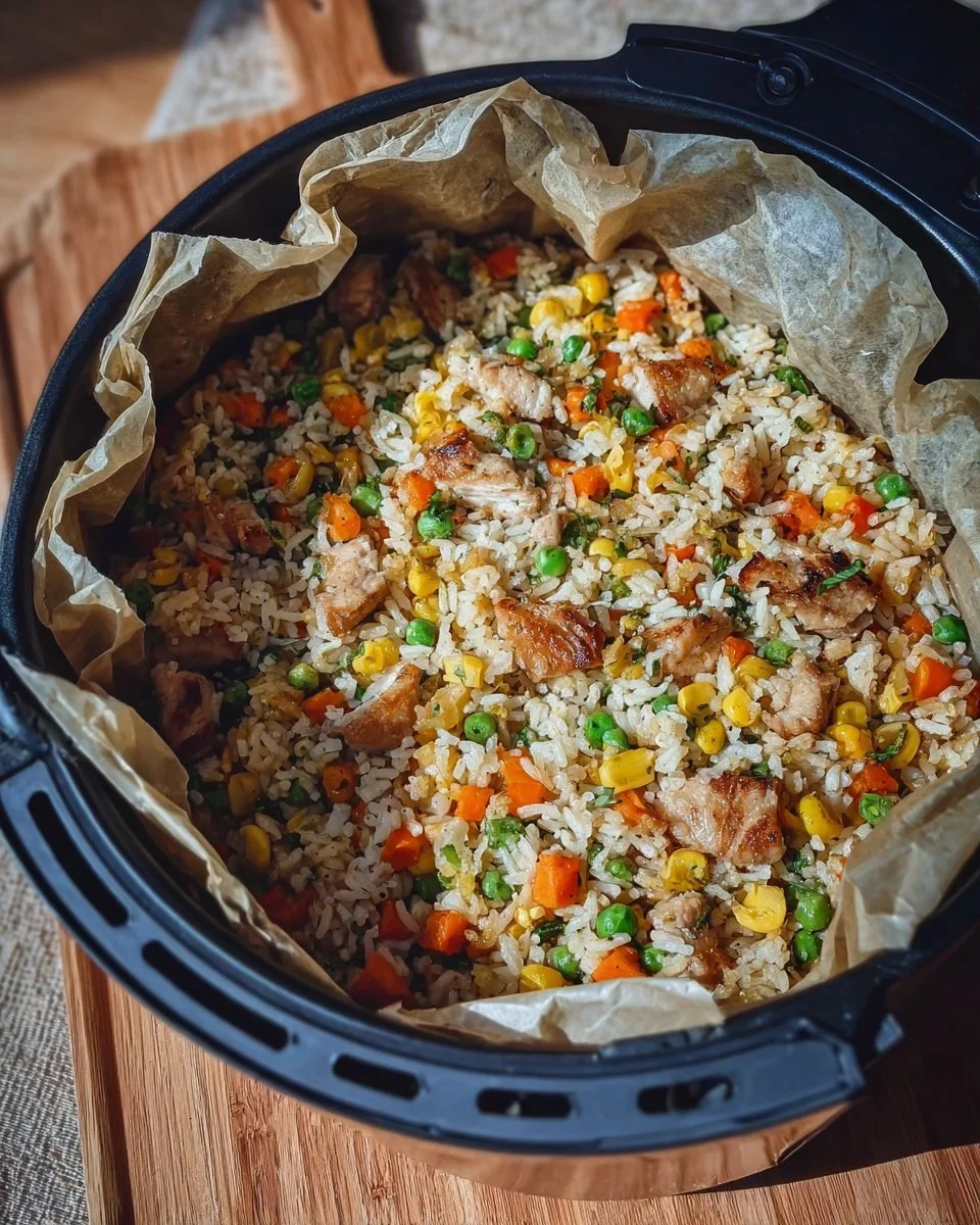 Luftfrittierter Reis im Airfryer zubereitet, lecker und einfach