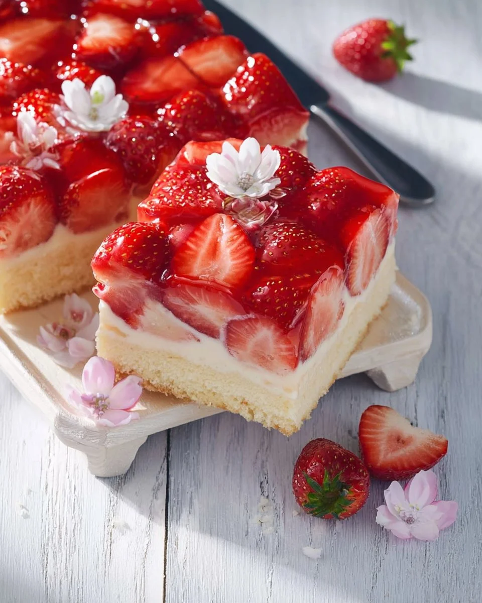 Richtig saftiger Erdbeerkuchen mit frischen Erdbeeren und cremiger Füllung